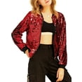 thumbnail image 3 of MODA NOVA Juniors Halloween Costume Christmas Glitter Cropped Long Sleeve Zipper Bomber Jacket Red M, 3 of 7