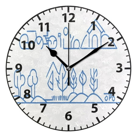 Simplified Township Illustration Wall Clock Modern Small Clock Black Hands for Office, Home, Bedroom,School 9.84in