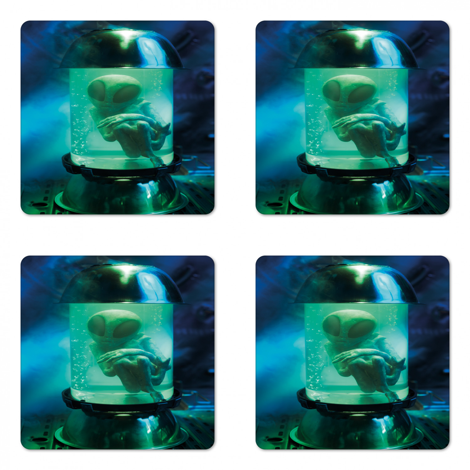 Outer Space Coaster Set of 4, Martian UFO Alien in a Aquarium Like Tube ...