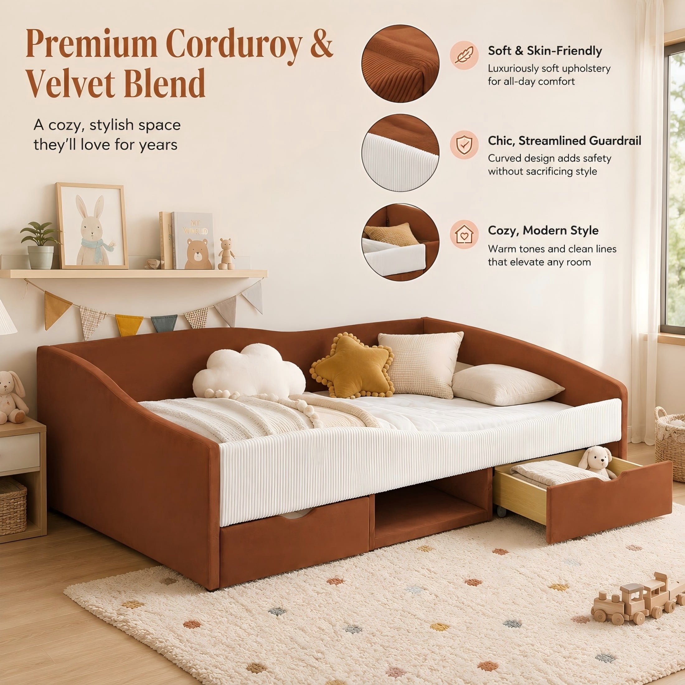 Aukfa Full Size Upholstered Daybed with 2 Storage Drawers, Shelf and Curved Guardrails, Velvet Bed Frame, Brown