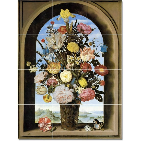 Ceramic Tile Mural-Ambrosius The Elder Bosschaert Flowers Tile Mural Renovate 12.75" w x 17" h using (12) 4.25 x 4.25 ceramic tiles