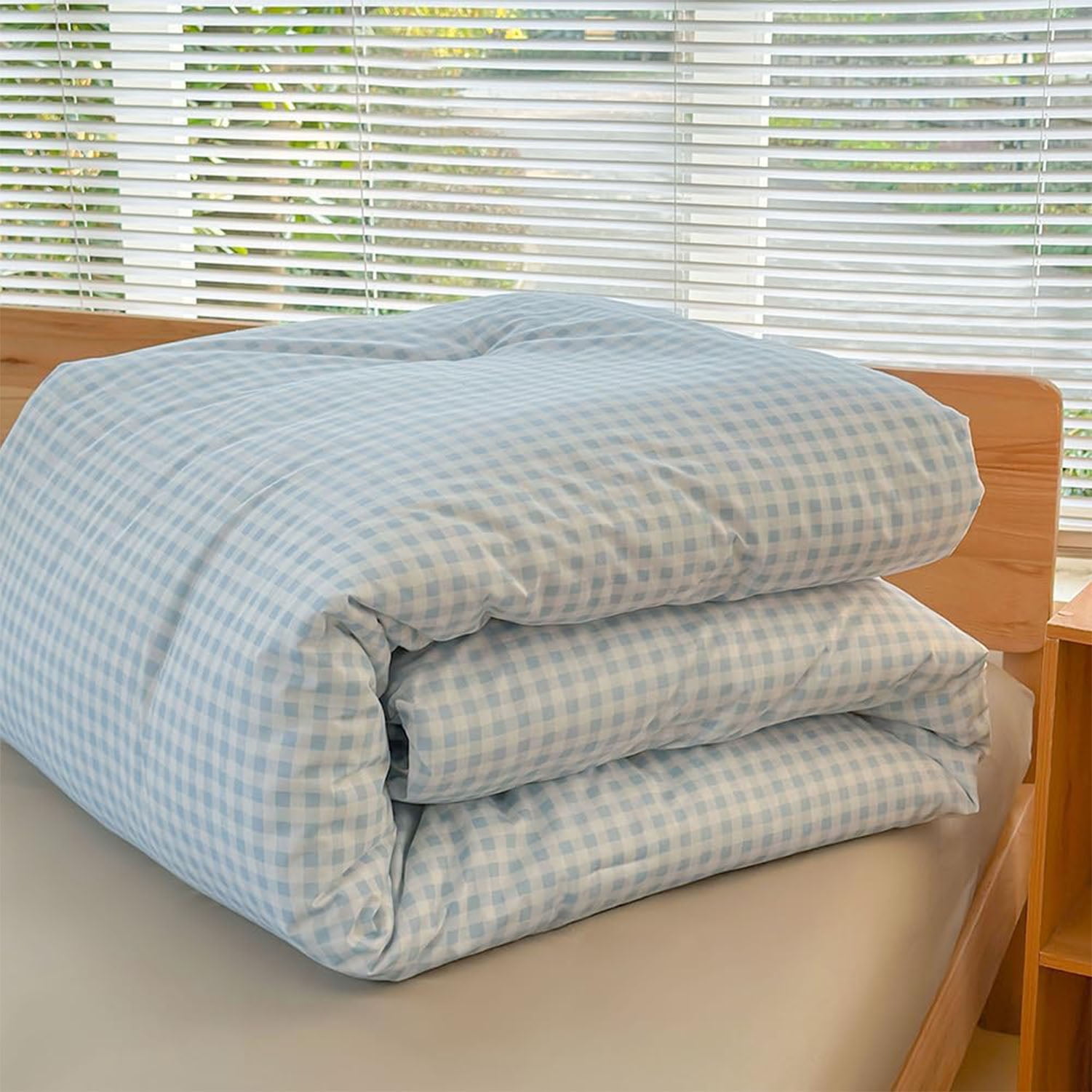 NSNLGSGC Light Blue Checkered Plaid King Comforter Set, 3-Piece Bedding Set
