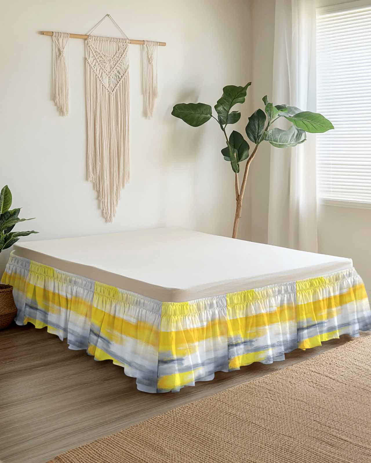 Yellow Gray Wrap Around Bed Skirts for Queen Bed 18" Drop,Bed Skirt with Adjustable Elastic Belt Dust Ruffle Bed Valance for Bedroom Hotel Contemporary Oil Painted Abstract Modern Bed Frame Cover