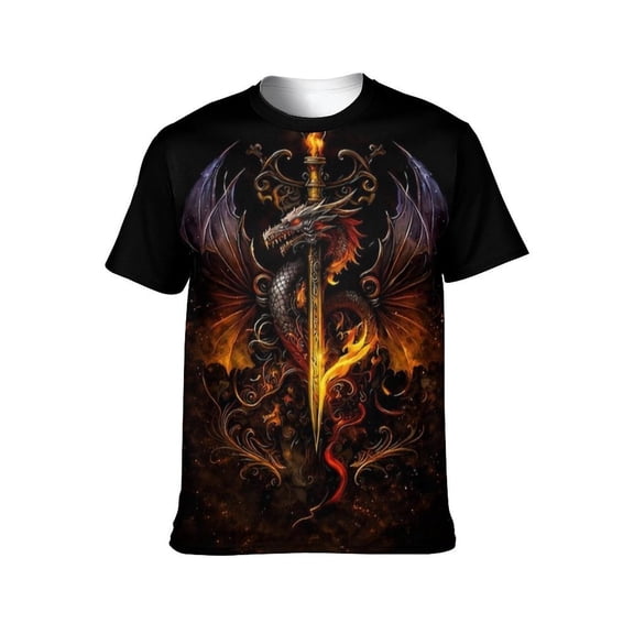 LAOLIUSN Men's Dragon Graphic T-Shirt, Gothic Fantasy Fire Sword Print Tee, Black, 88% Polyester 12% Spandex, Sizes S-4XL