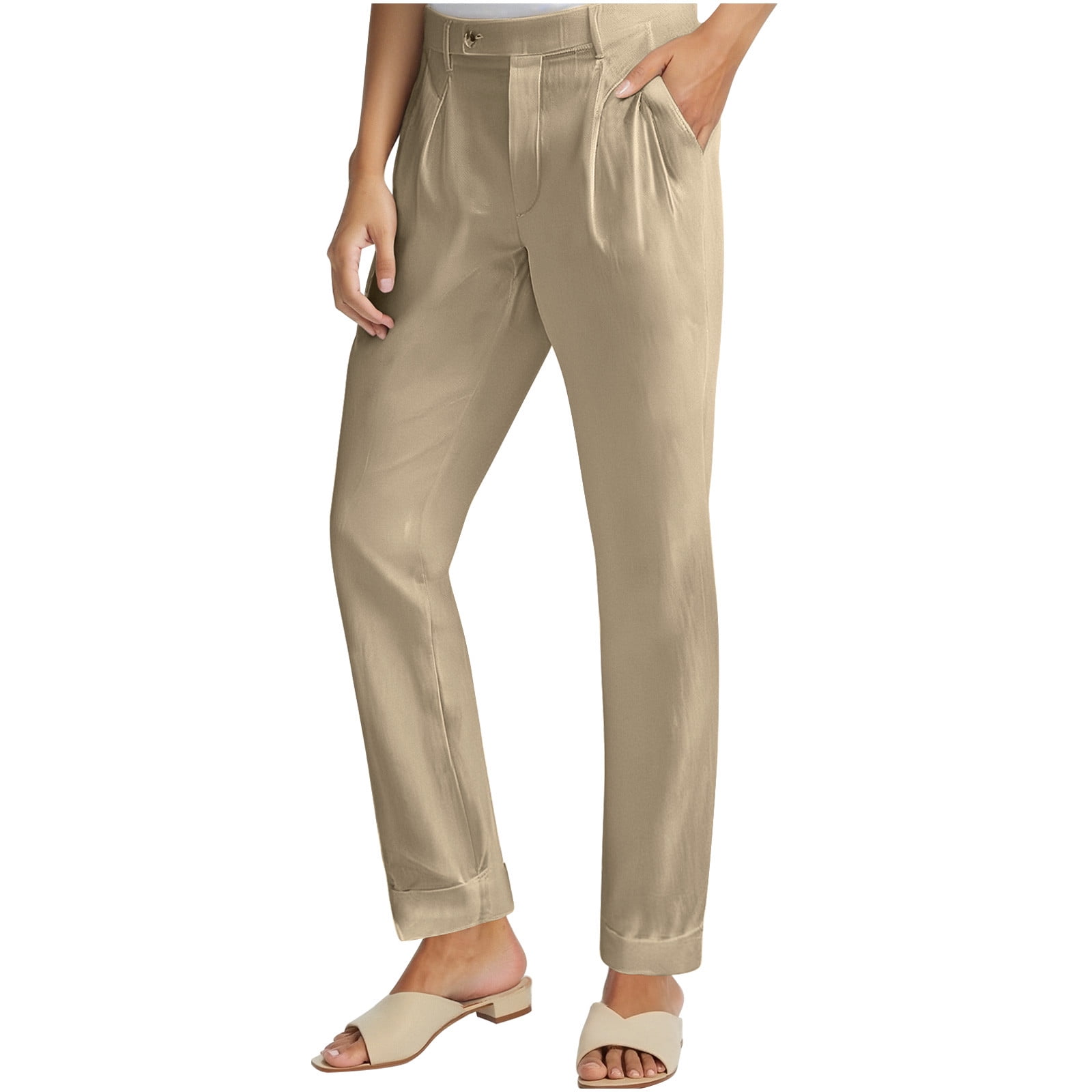 Women's Solid Cargo Pants - Casual Straight Leg Trousers with Buttoned Pockets & Functional Design - image 4