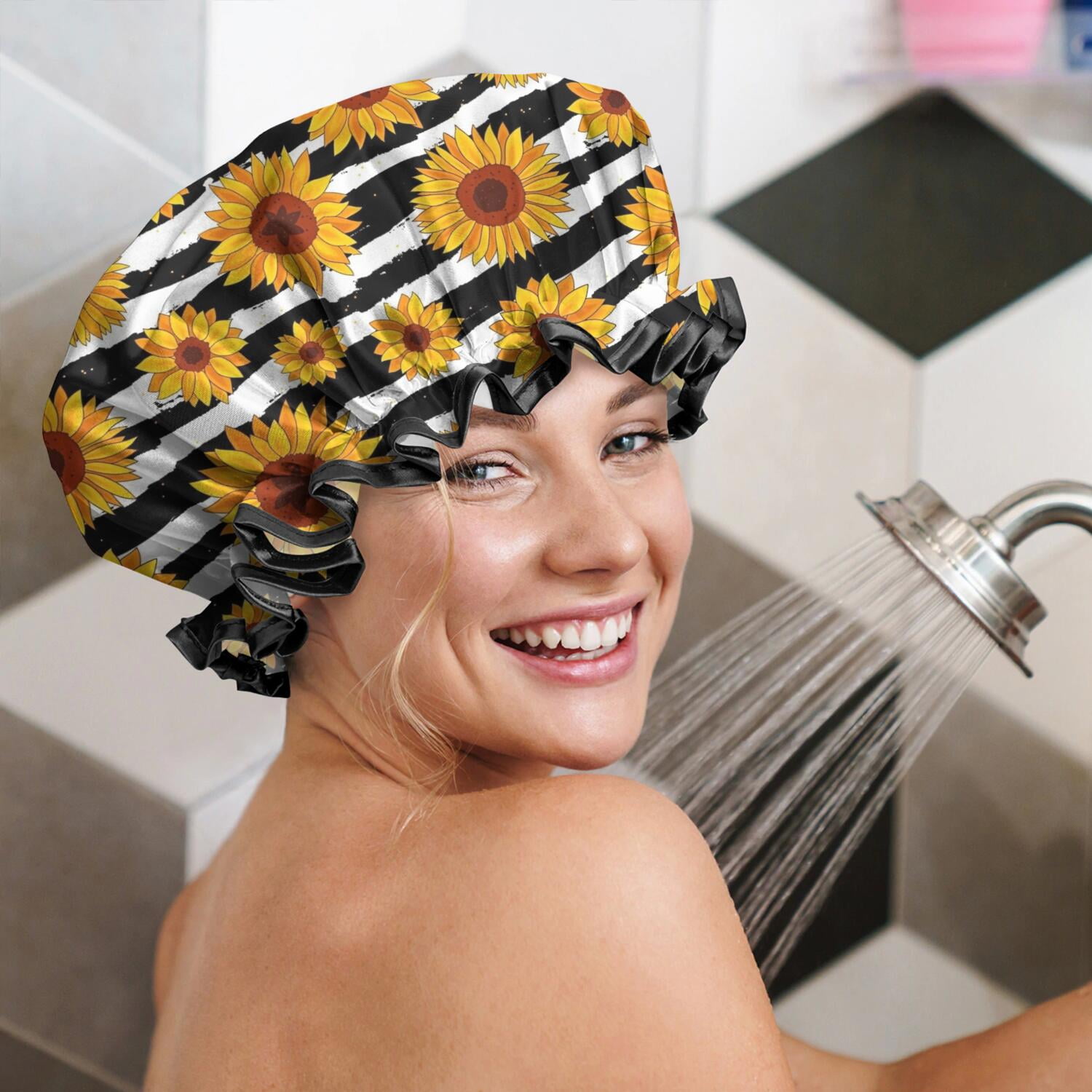 Shower Caps,Black White Striped Sunflower Pattern Waterproof Shower Cap for Women 4 Pieces,Double Reusable Hair Cover for Shower PEVA Elastic Stretch Hem