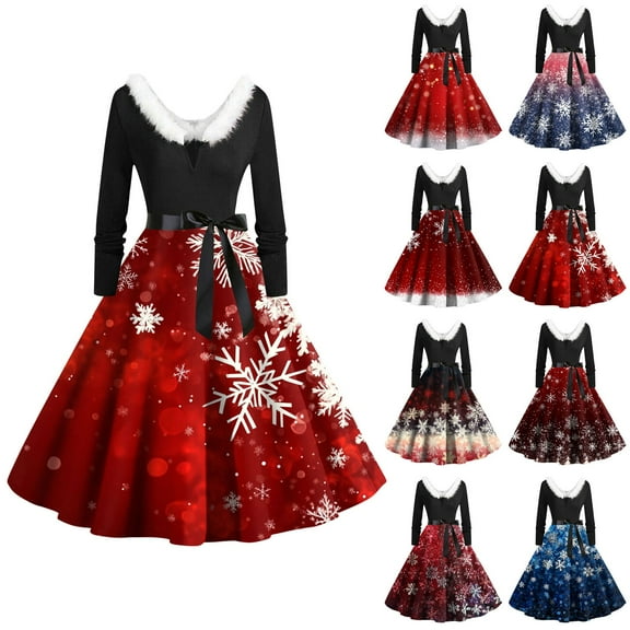Christmas Dresses for Women Women's Casual And Fashionable Long Sleeved V-neck Print Matching Zipper Dress with Fur and Christmas Tree for Holiday Party,Blue,L