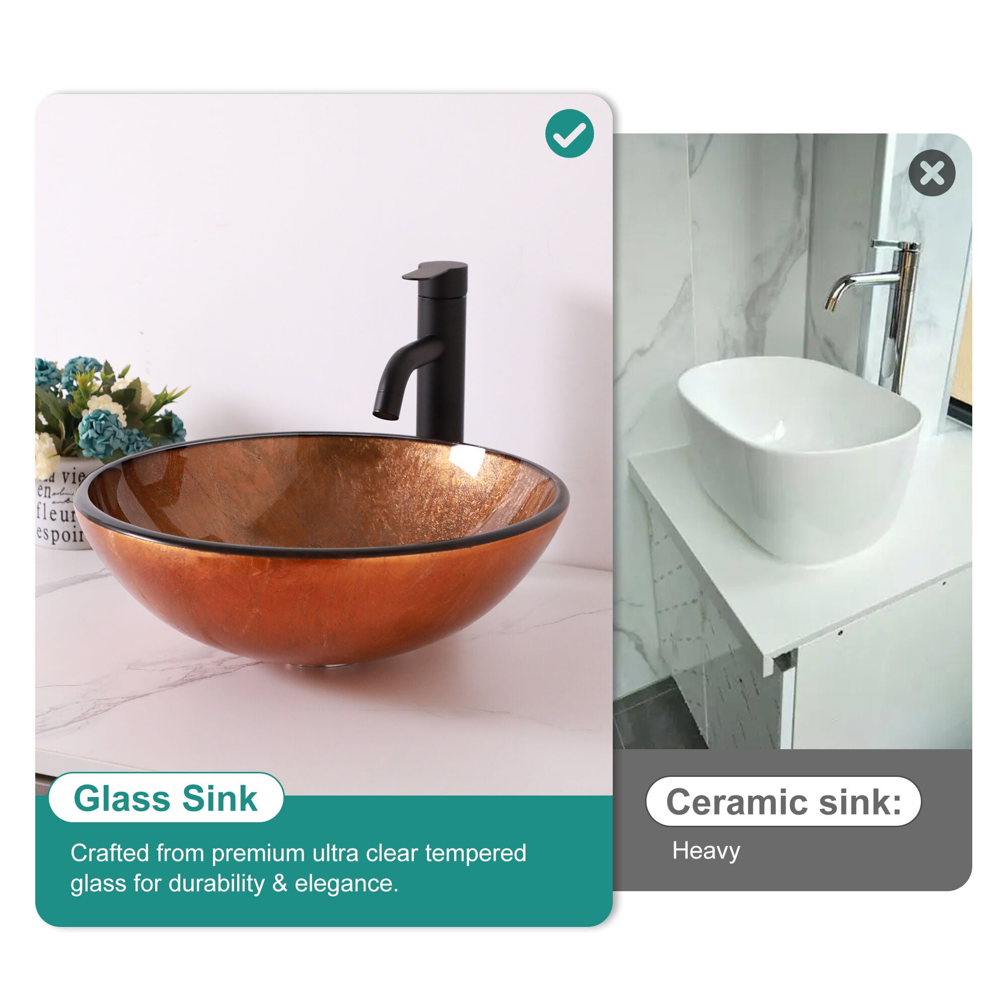 Vanity With Sink, Bathroom Artistic Tempered Glass Vessel Bathroom Sink with Pop-up Drain, Brown, Brown Bathroom Vanity,Tempered Glass Single Sink Vanity, Bath & Faucets Bathroom Vanities