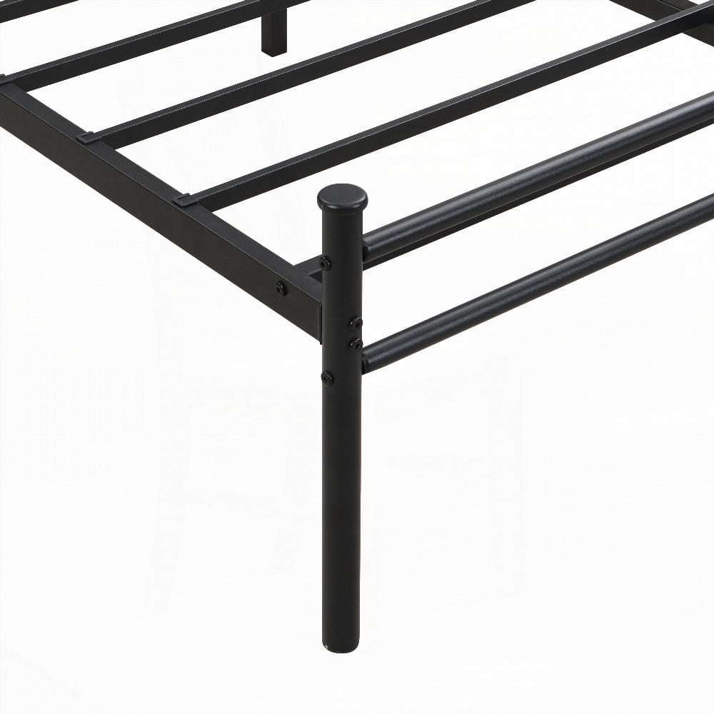 The black King Size metal bedframe with wood panel headboard provides under-bed storage and is easy to assemble. No box spring required.