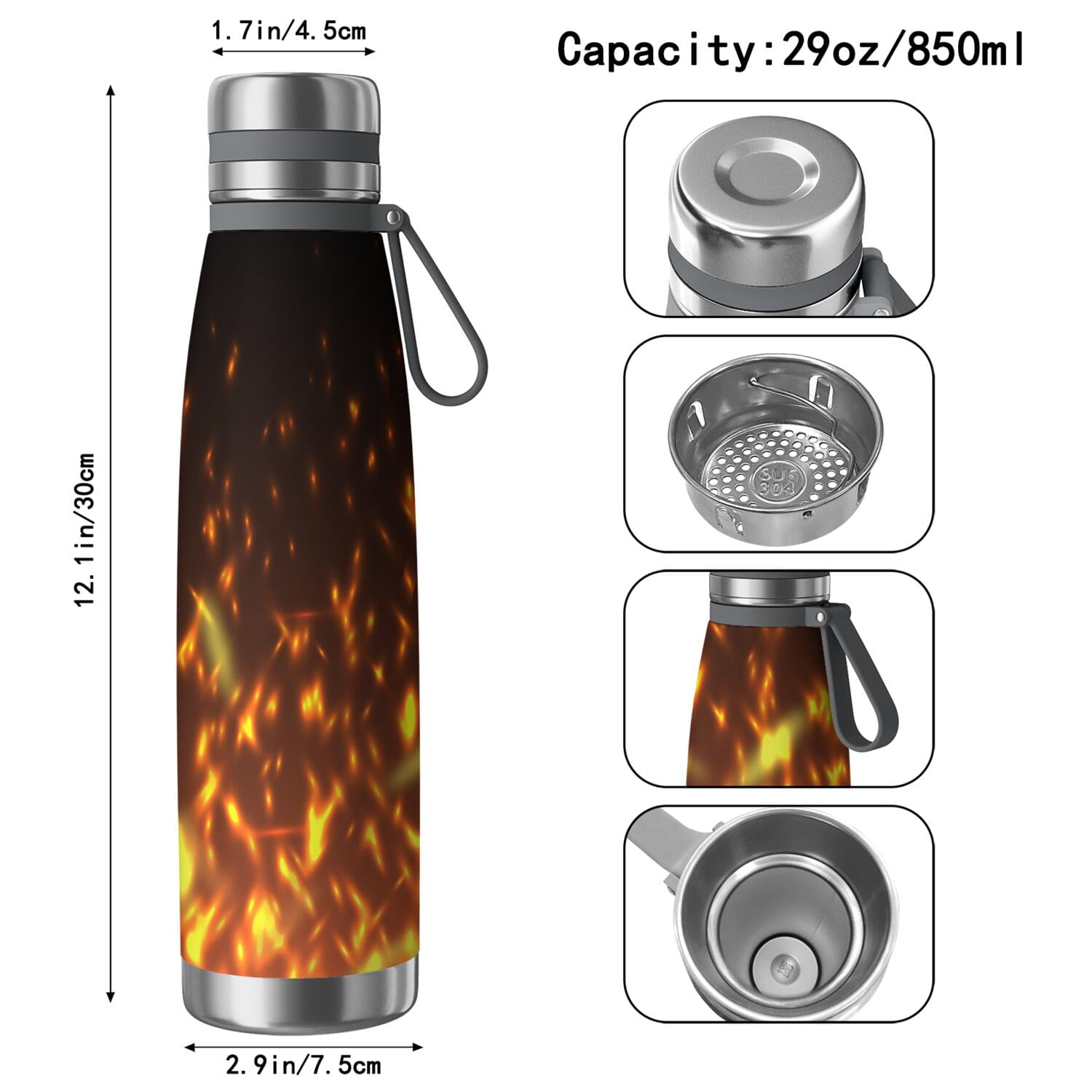 29oz Insulated Water Bottle with Tea Infuser, Stainless Steel Travel Mug, Flame Print