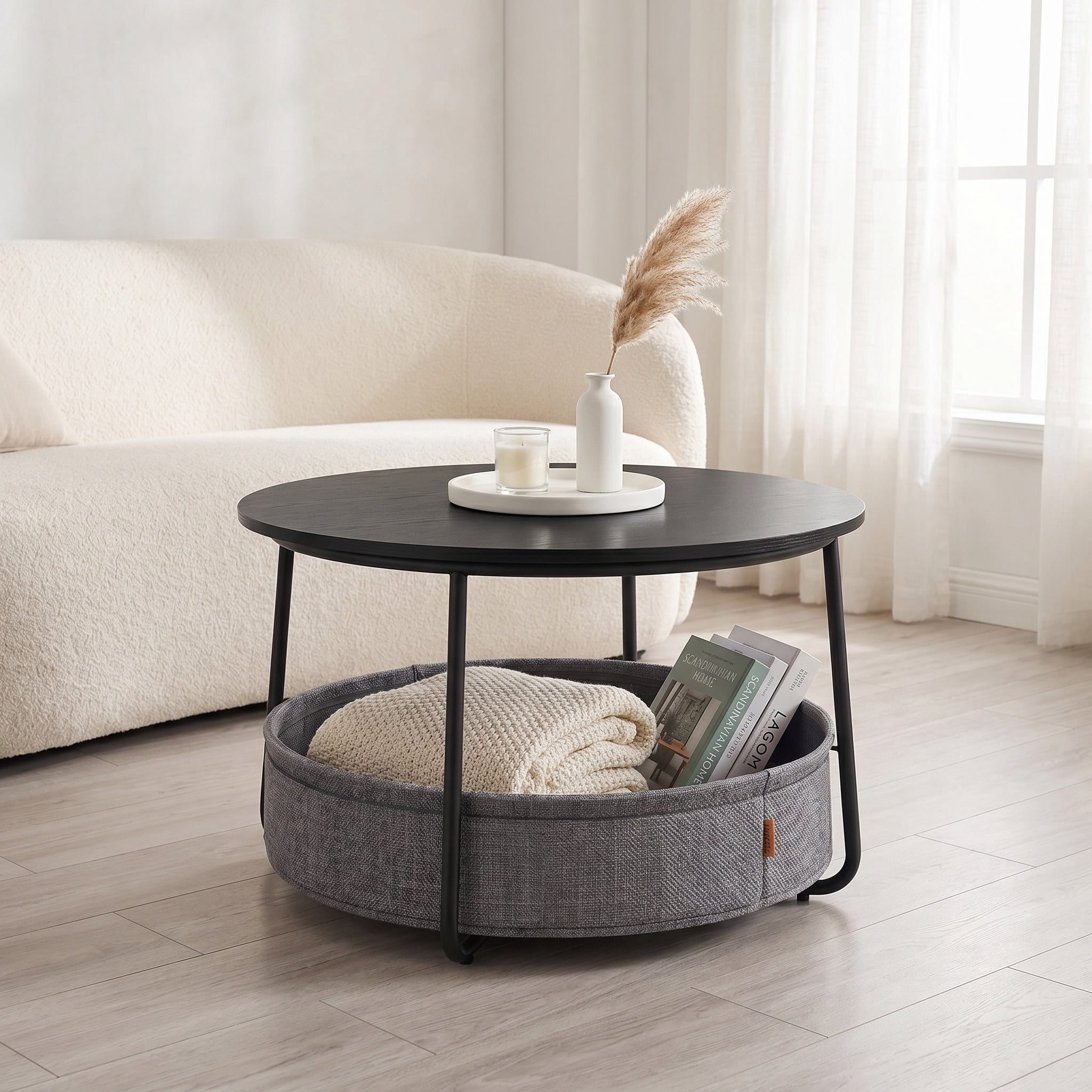 Nordic Hygge Modern Ebony Black Round Coffee Table with Slate Gray Fabric Storage Basket