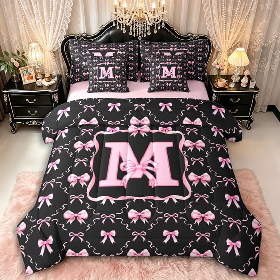 Manfei Black Pink Monogram Letter M Twin Bedding Sets 7-Piece for Girls Women,Kids Teens Shabby Chic Ribbon Bow Knot Bedding Comforter Set,Pink Reversible,Super Cozy Room Decor