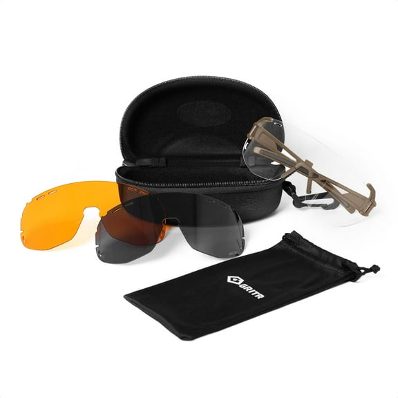 GRITR Shooting Safety Glasses w/ Interchangeable Lenses & Eva Case, FDE