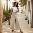 thumbnail image 4 of Mohiass Linen Ruffle Hem Pants for Women Summer Flowy Smocked Waist Pants Wide Leg 2025 Palazzo Pants Boho Beach Trousers with Pockets Khaki L, 4 of 8