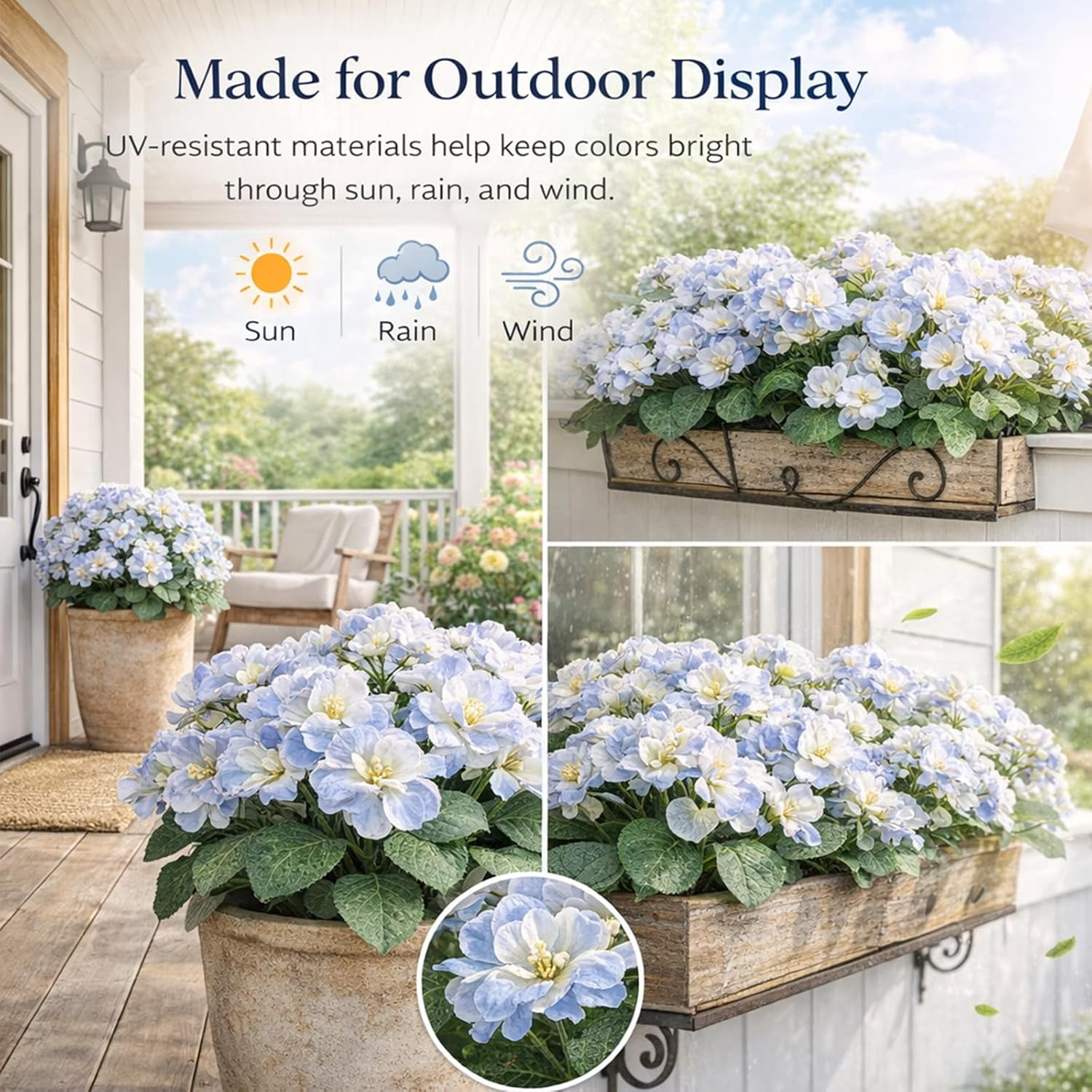 Spring Porch Refresh Hydrangea, Artificial Hydrangea Stems, Realistic Faux Flowers, UV Resistant Outdoor Floral Decor for Porch, Garden, Home and Corridor