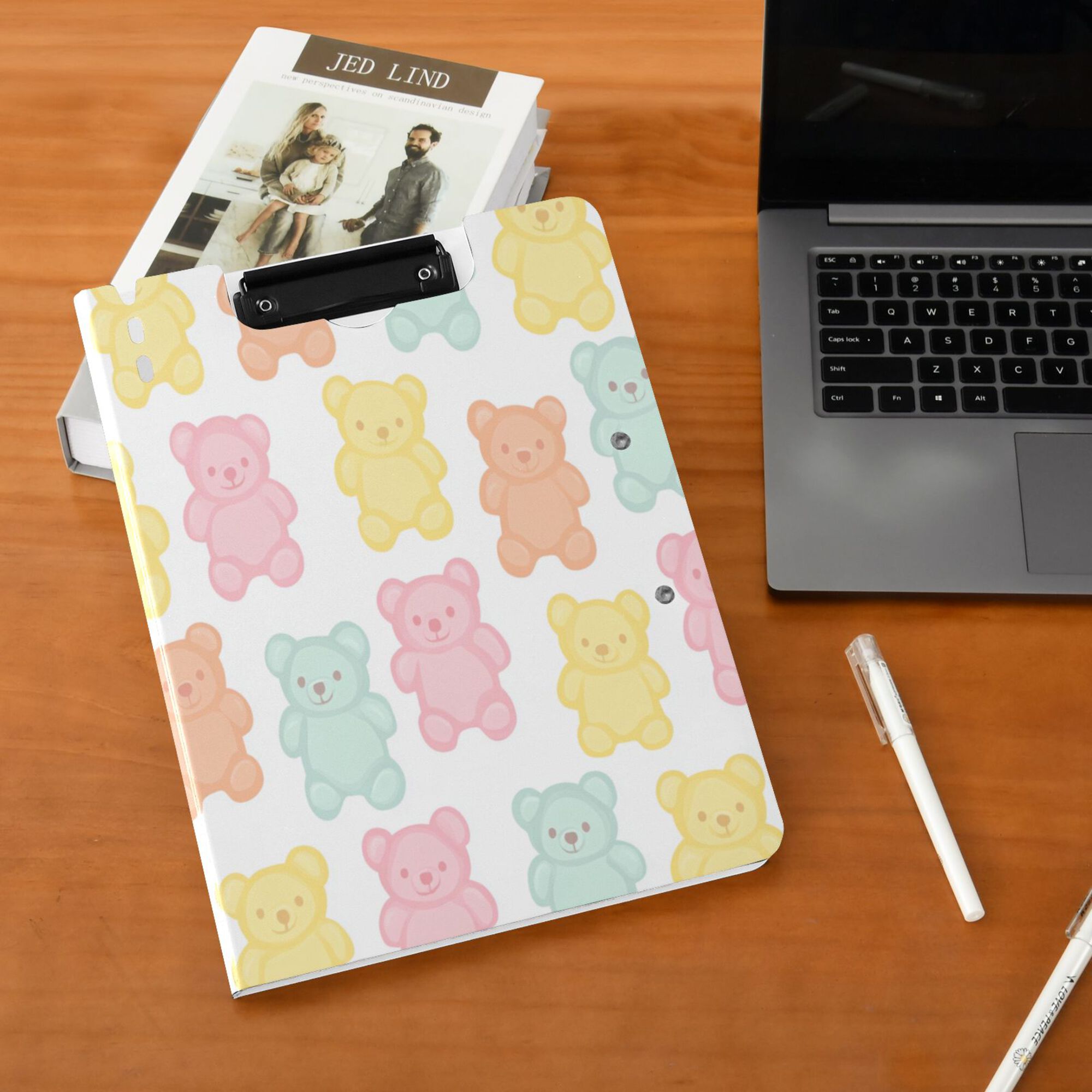 FORMRS A4 Clipboard Folder with Pen Holder Horizontal Foldable School Office Binder, Cute Gummy Bears Pattern