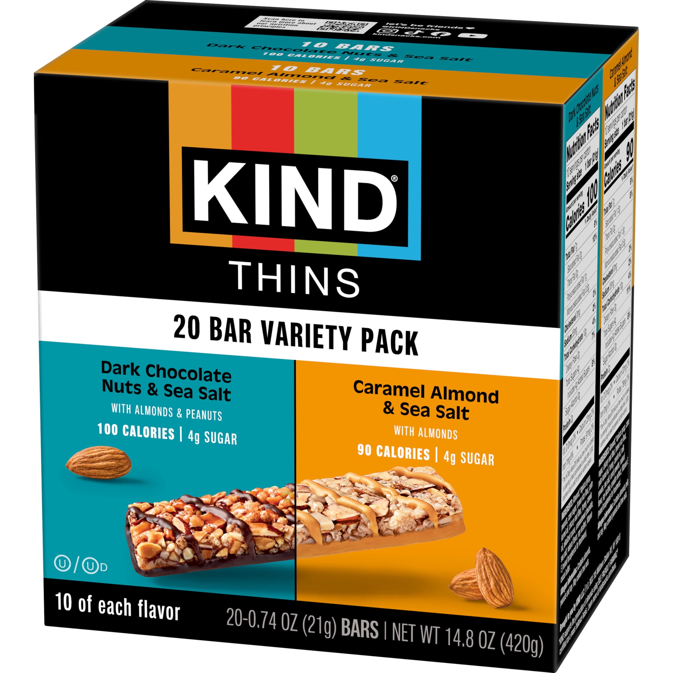 KIND Thins Bars Variety Pack, Dark Chocolate Nuts & Sea Salt, Caramel Almond & Sea Salt, 20 Snack Bars, 1 Box