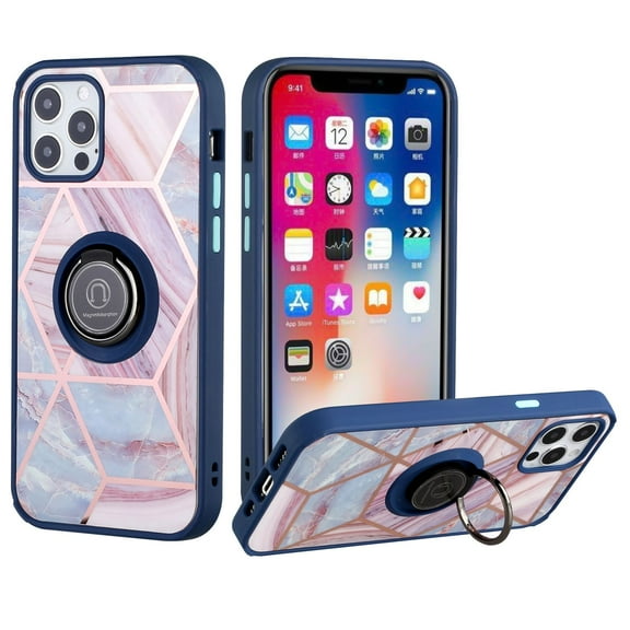 Bemz Ring Series Case for iPhone 14 Plus (TPU Silicone Cover with Magnetic Stand) - Blue on Pink Marble