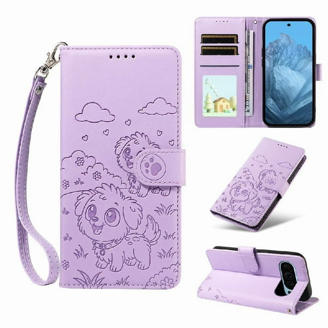 Funda Cartera GANGXUN con Diseño de Perrito en Relieve para Google Pixel 9 Pro XL , Protección 360° con Ranuras y Correa Desmontable