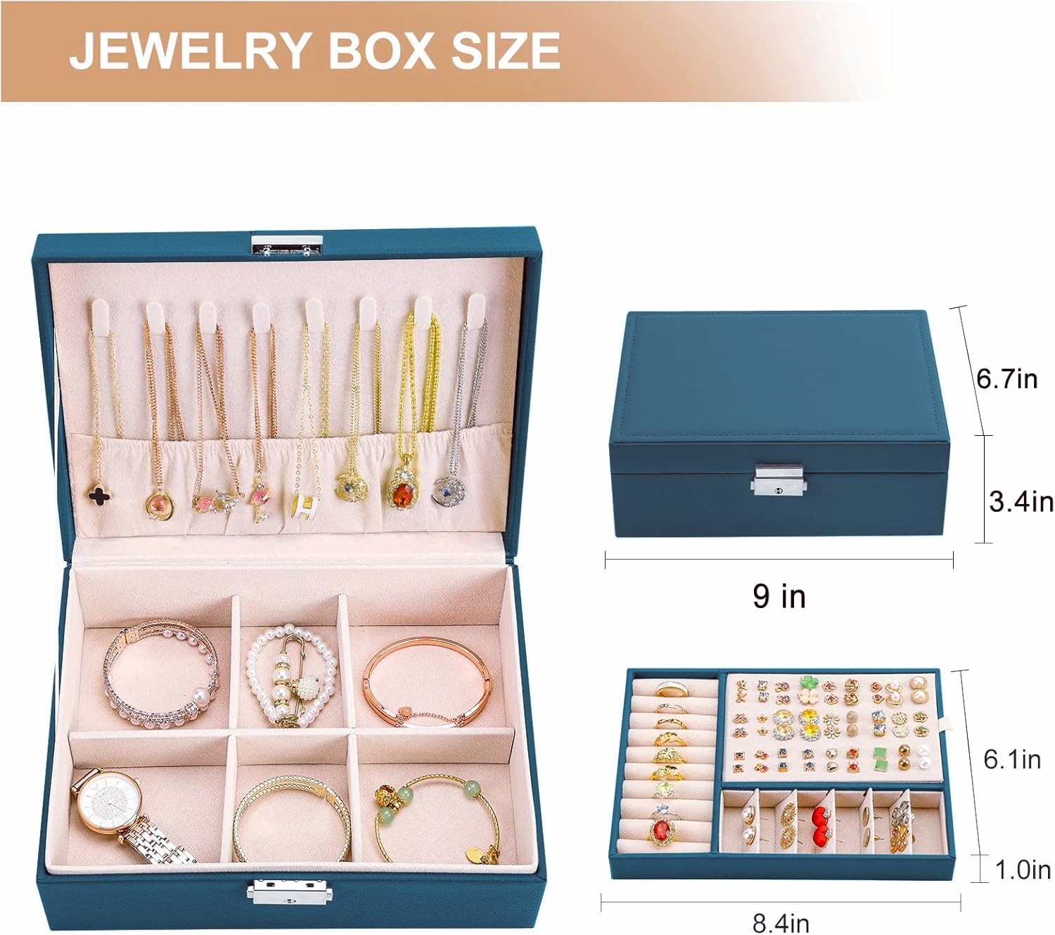 LQQBOX Jewelry box 2 layer Jewelry box Leather Jewelry boxes for Women Girls Teens Jewelry organizer box Jewelry Storage box with lock(Dark Green)