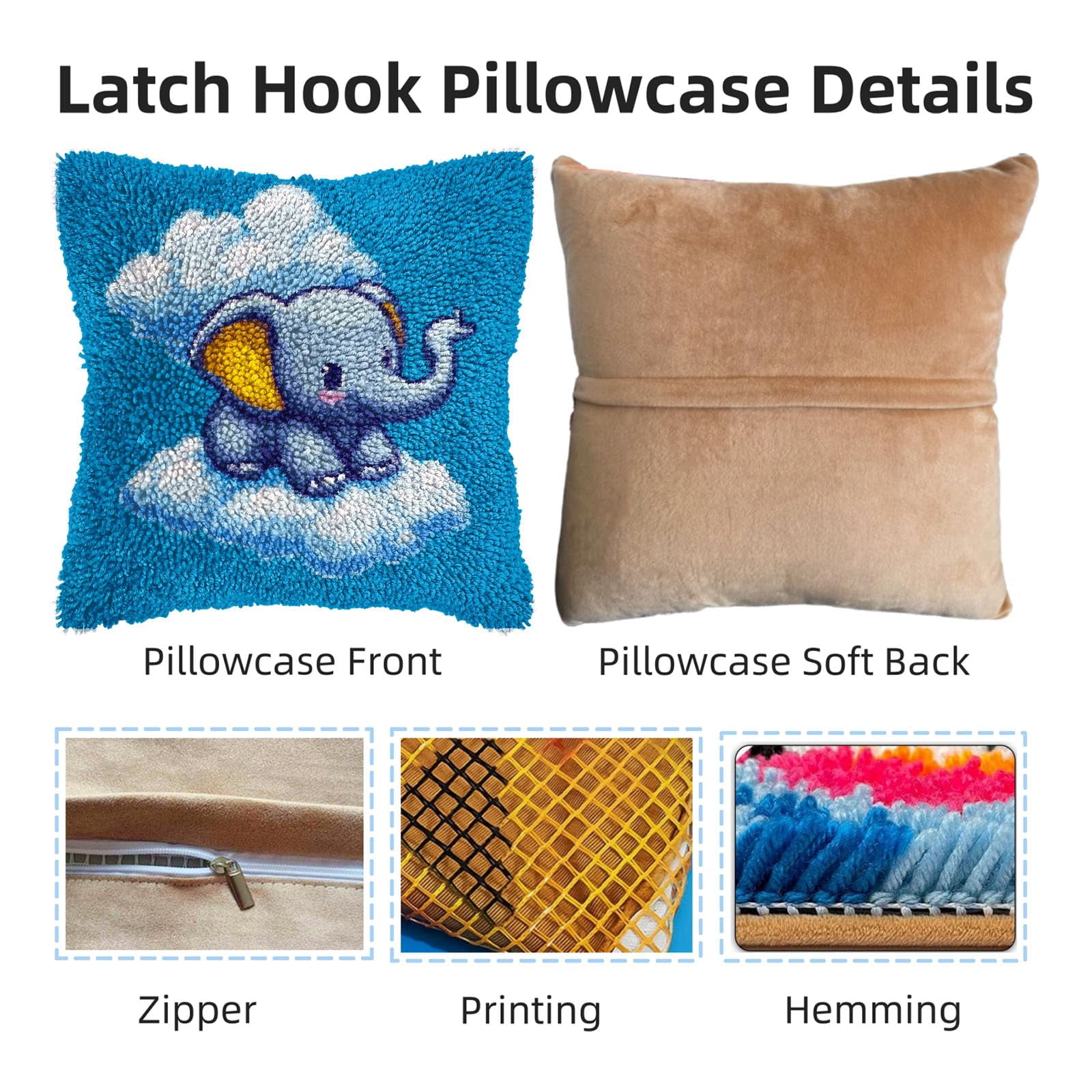 DIY Latch Hook Pillow Kits Little Elephant on Clouds Printed Pillowcase Crochet Yarns Hooking Handmade Pillow Cover Cushion for Home Sofa Decoration 17x17inch-1