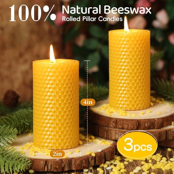 NEXIMO 2×3.3 Inch Yellow Beeswax Honeycomb Rolled Pillar Candles Set of 3 | Handmade Pure Natural Organic Bees Wax Candles for Home Study Decor Housewarming Gift
