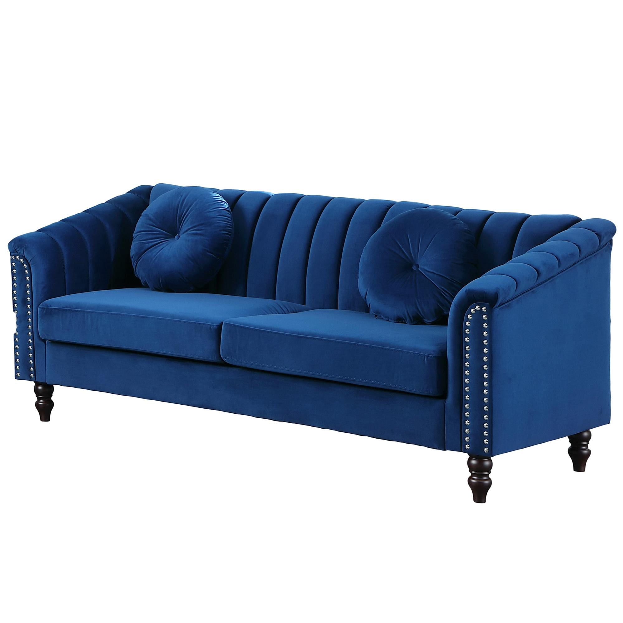 Gewnee Chesterfield Velvet Sofa Couch with Nailhead Trim and 2 Pillows for Living Room,Blue