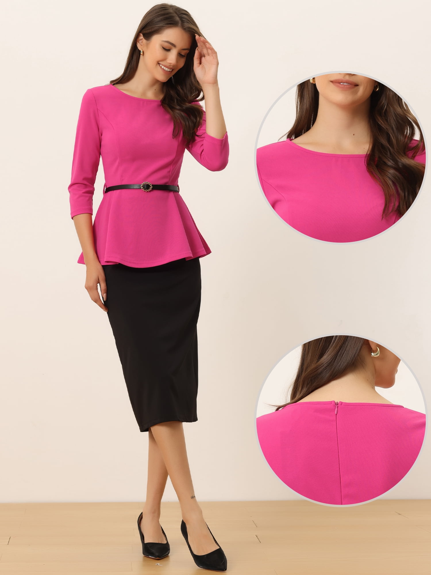 DARING DIVA 3/4 Sleeve Elegant Work Peplum Top XS Black M Hot Pink