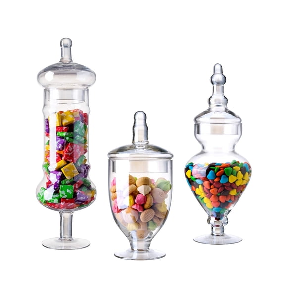 Set of 3 Apothecary Jar with lids, Glass Candy Container Set, Decorative Jars for Weddings & Party, Elegant Storage Candy Caniste