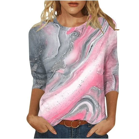 Womens Round Neck T-Shirts Loose Fit Tunic Tops 3/4 Length Sleeve Graphic Tee Plus Size Fall Summer Spring Tshirts (XL, Pink)