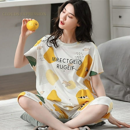 

QWZNDZGR Summer Capris Plaid Women Sleep Lounge Pajama Short-Sleeved Pajama Sets Cartoon Pyjamas Polyester Sleepwear 3XL 5XL Home Fashion
