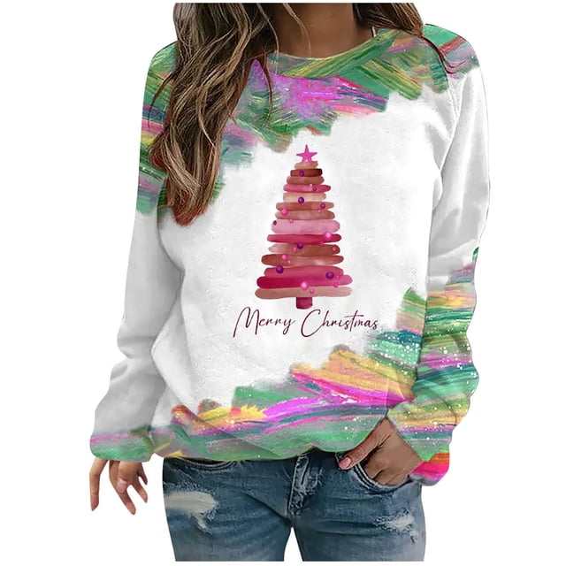 EQWLJWE Sweats à Manches Longues Arbre de Noël Sweat-Shirts à Col Rond Pull-Over Arbre de Noël Tops et Frais Verts Cravate Teints Raglan Manches Top Sweat-Shirts de Noël for Grande Taille pour Femme Tailles