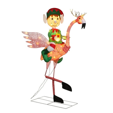 UPC: 0667233024670 | Haute Decor 42 Inch Tall Flamingo with Boy Elf Lighted Christmas Yard Decor