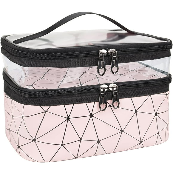 Sacs de Maquillage à Double Couche, Étuis Cosmétiques de Voyage, Organisateur de Maquillage, Trousses de Toilette (Rose)