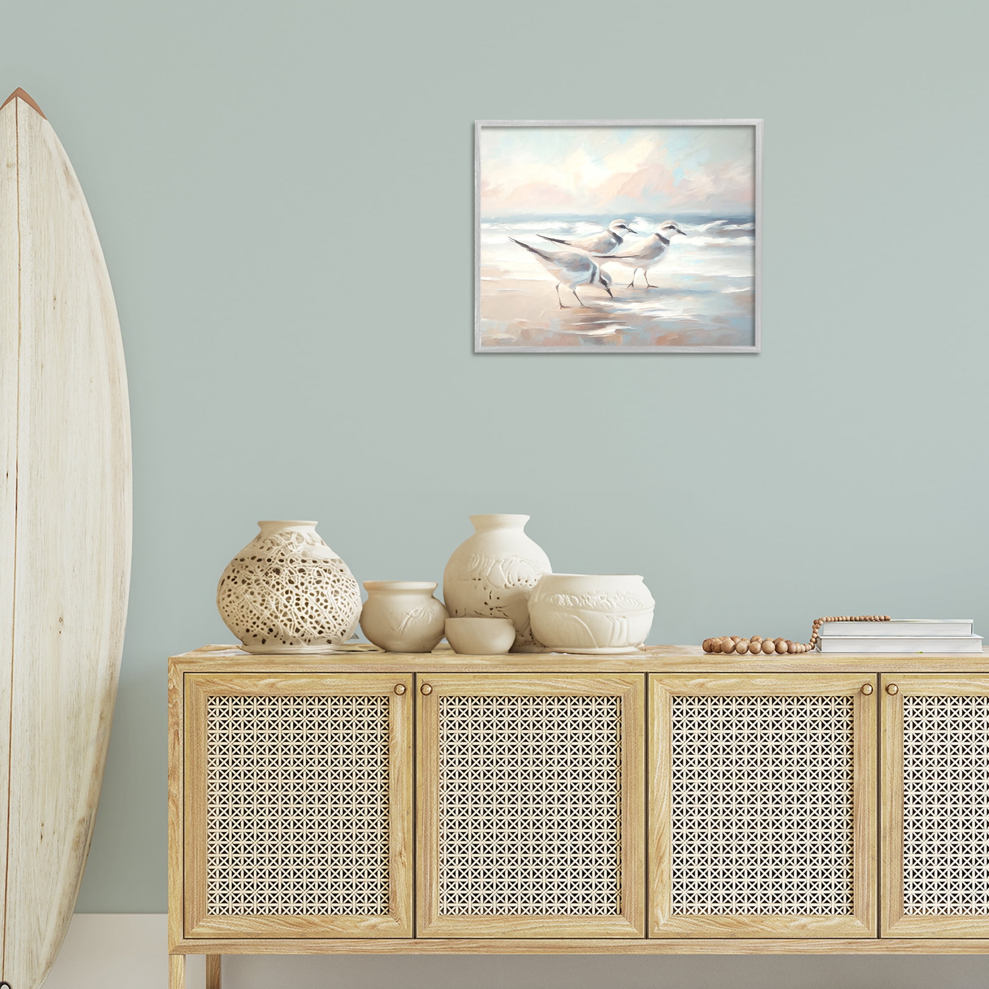 Stupell Industries Bay with Beach Birds Coastal Painting Gray Framed Art Print Wall Art, 20 x 16