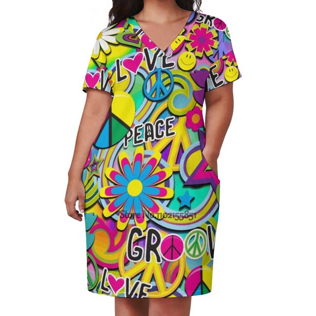 Groovy Fun Back Lacing Backless Dress Square Neck Dress Sweetheart Knot Flared Dress Sixties Fun Colorful Happy Face 60S Hippy