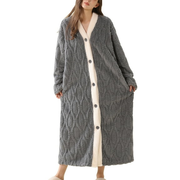 SWSMCLT Women's Long Sleeve Fleece Nightgown Button Thick Winter Comfy Loose Pjs Pajamas Soft Oversized Grey Small-Medium