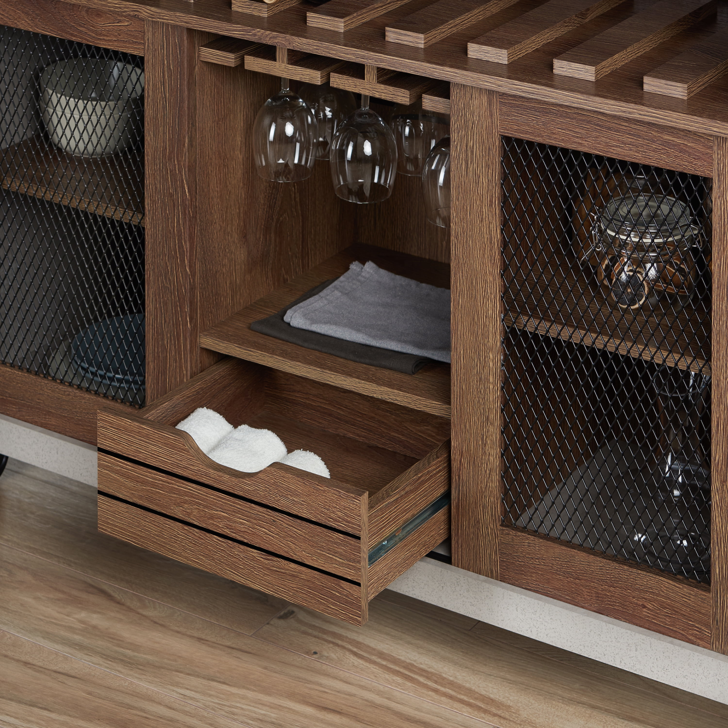 Furniture of America 47" Joslyn Industrial Wood Multi-Storage Sideboard Buffet, Distressed Walnut