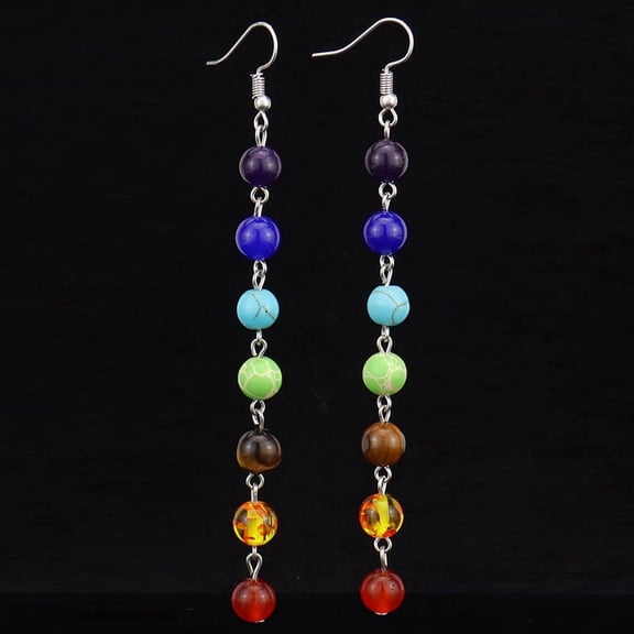 Zhuge Personalized Natural Stone Earrings, Natural Stone Colorful Round Beads Handmade Tassel Earrings (Silver)