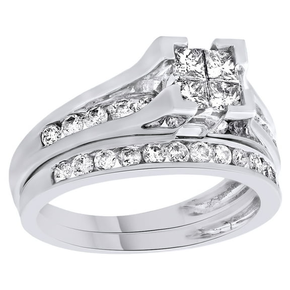 AFFY Princess Cut White Natural Diamond Bridal Engagement Wedding Ring Set In 14K Solid White Gold