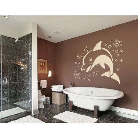 Jumping Vinyl Decal Sticker (Jumping Dolphin with starfish Wall Decal - Wall Sticker, Vinyl Wall Art, Home Decor, Wall Mural - 1875 - 16in x 11in,)