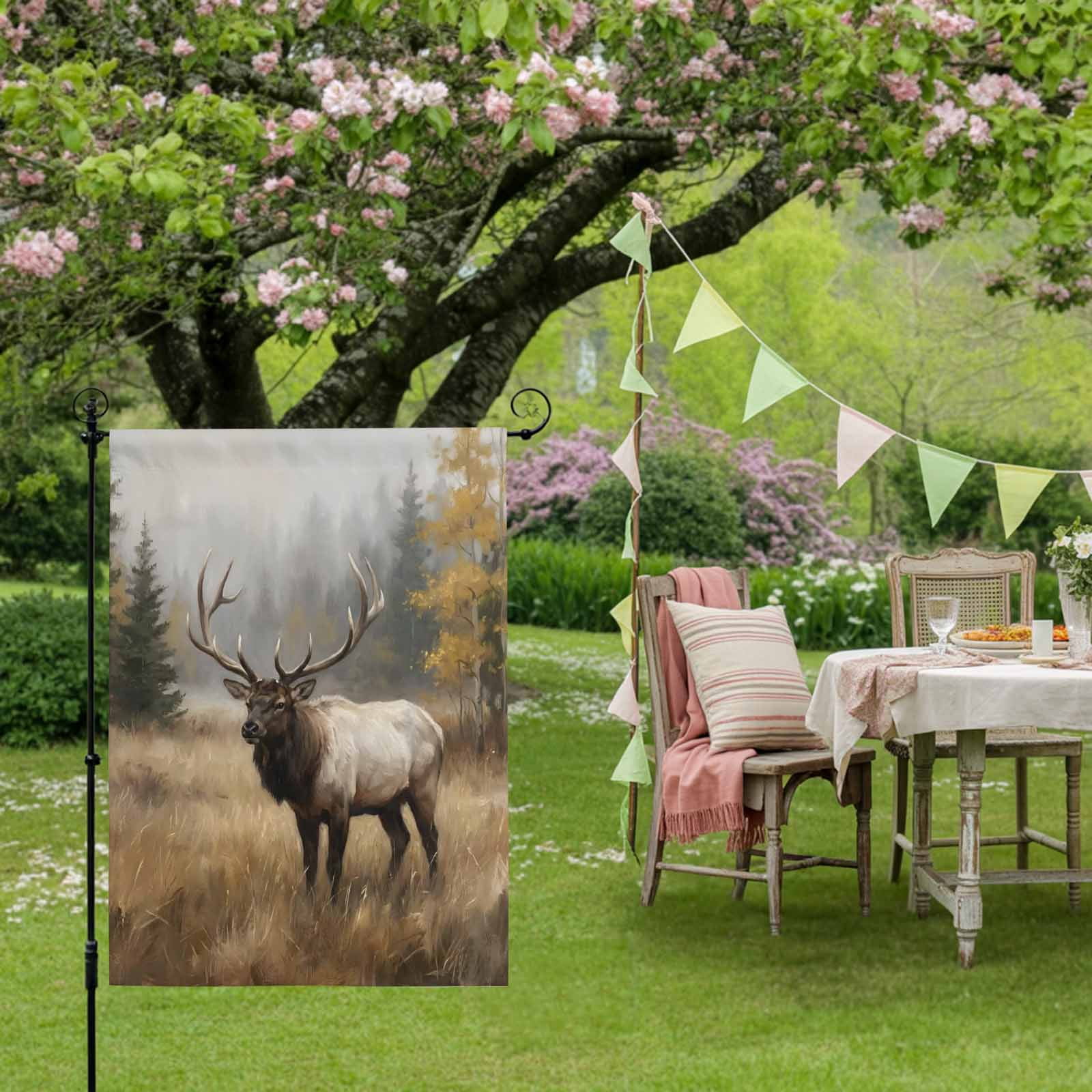 Bull Elk House Flag 28 x 40 Inches, Foggy Gray Wild Animal Pine Forest Landscape Farmhouse Weather Proof Outdoor Patio Flags Double Sided Small House Decoration for Yard Lawn Outside Home