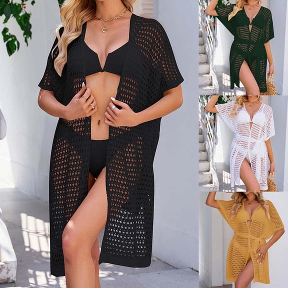 Youruamo Women's Plus Size Swimsuit Coverups Crochet Hollow Out Cardigan Ruffle Short Sleeve Kimonos Swimsuit Cover Up with Drawstring for Summer Beach
