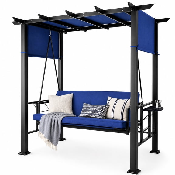 3-Seat Outdoor Porch Swing Bed, 2-in-1 Convertible Design, Canopy, Cushions, UV-resistant,Cup Holders,rust-resistant,Water-Resistant Canopy,supporting up to 680LBS,Balcony, Garden, and Poolside,Blue