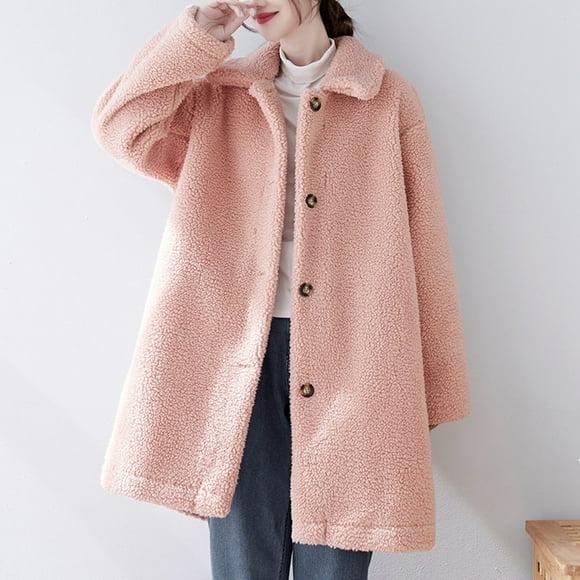 WRKEKC Women's Long Wool Coat with Pockets, Single Breasted Windproof Winter Jacket with Plush Lining, Timeless Classic Warm Outerwear for Everyday Elegance Pink Free Size
