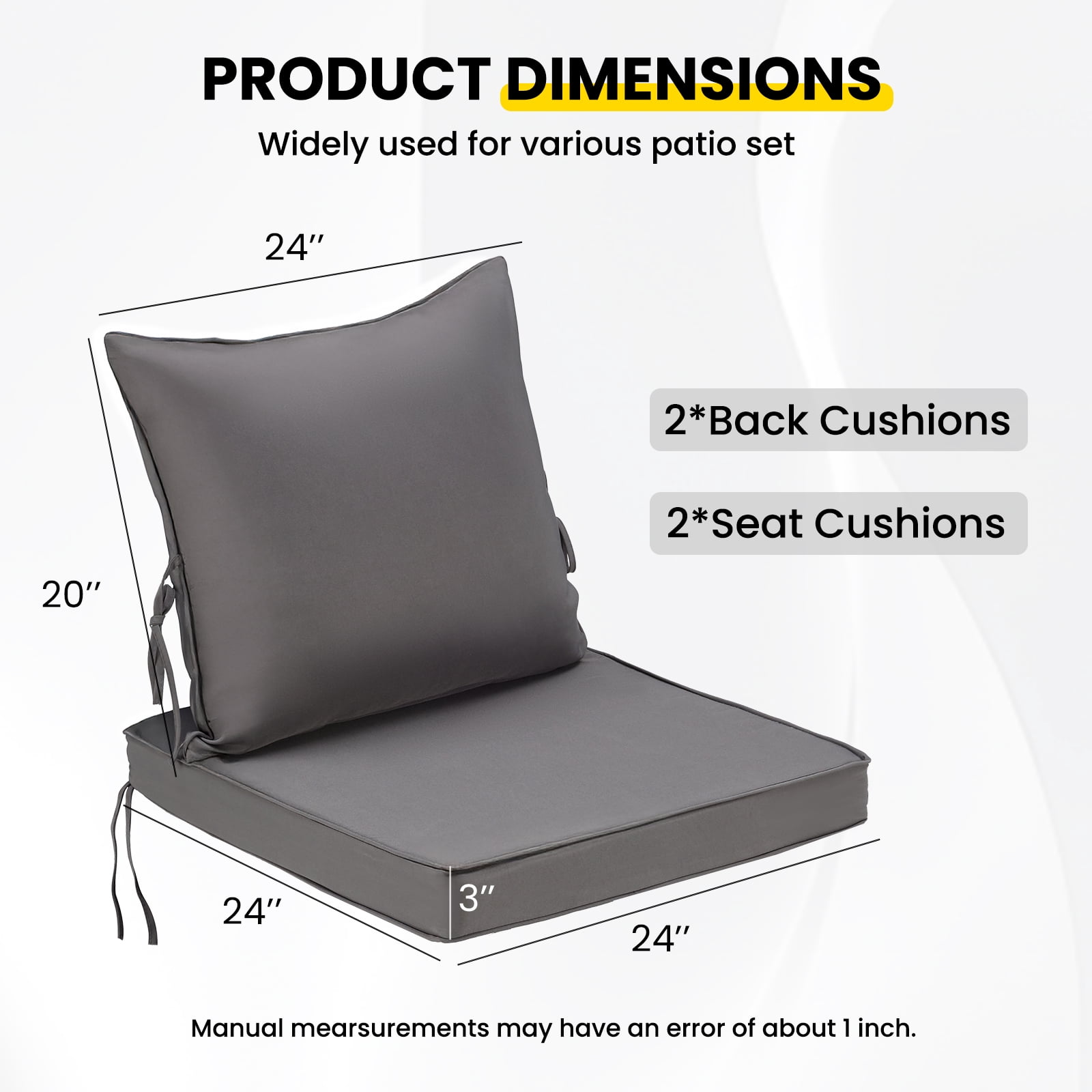 STARY Outdoor Deep Seat Cushions for Patio Furniture, 24"x24" Replacement Sectional Cushions for Outdoor Sofa, Armchair, 4 Pieces, Grey