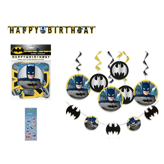 Batman Birthday Party Supplies Bundle includes 1 Happy Banner Paper Banner, 7 Piece Hanging Swirl Decoration with Cutouts, 1 Dinosaur Sticker Sheet