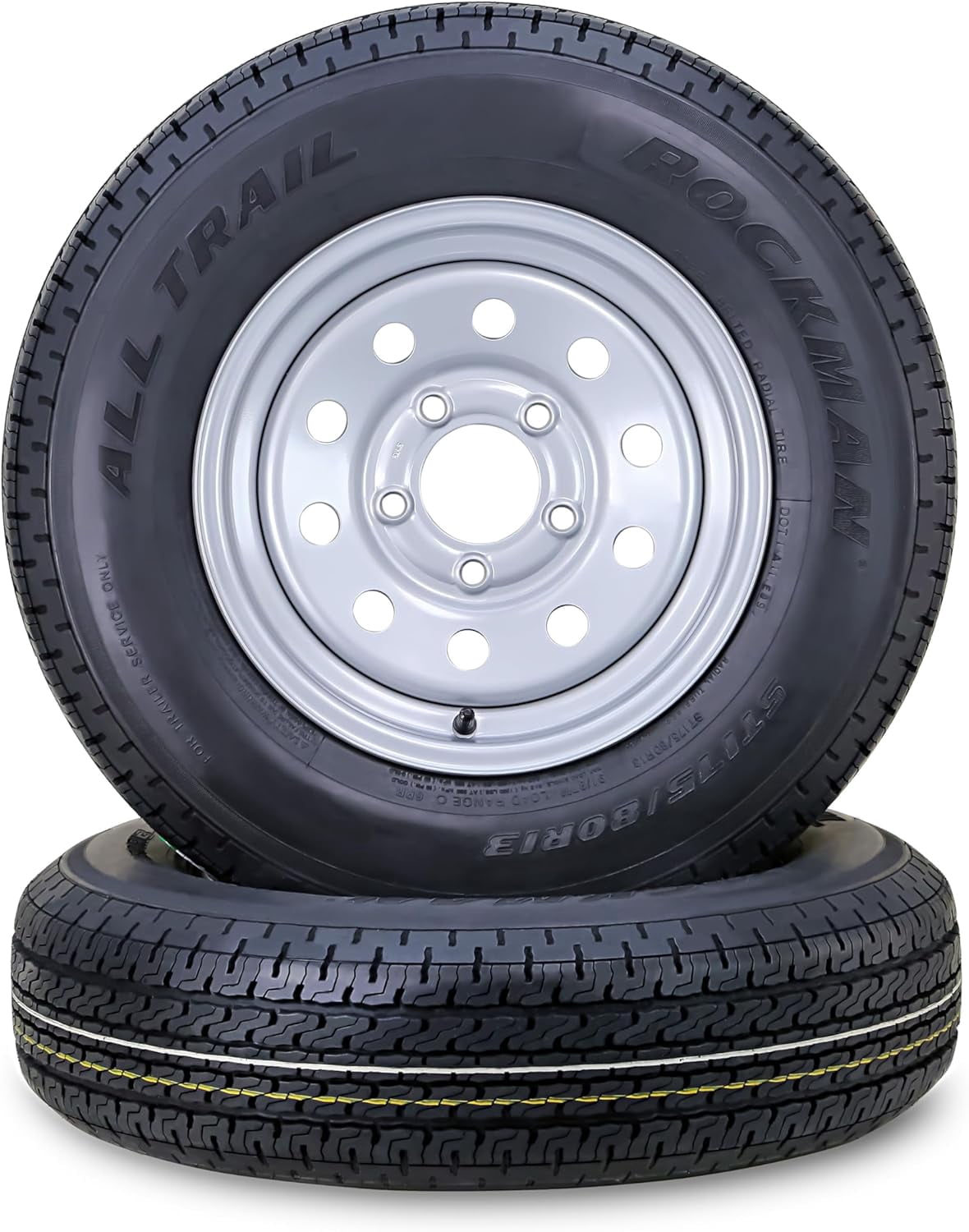 ROCKMAN Trailer Tire Wheel Assembly ST175/80R13 6-Ply C 91M 5 Lug on 4.5" PCD Silver Mod Rim ,SET 2