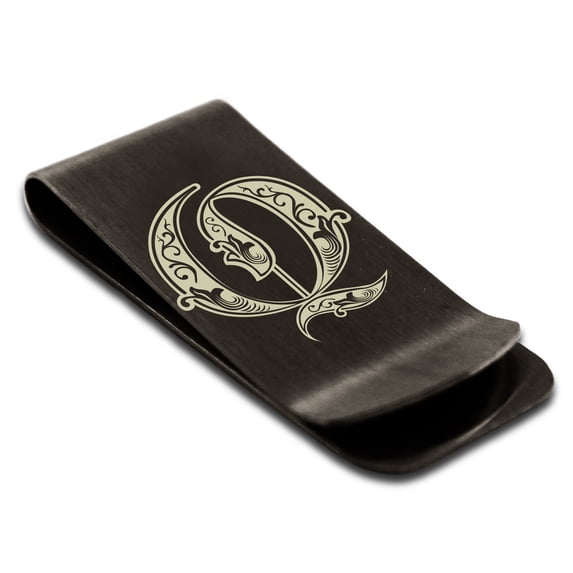 Stainless Steel Letter Q Initial Royal Monogram Engraved Engraved Money Clip Credit Card Holder