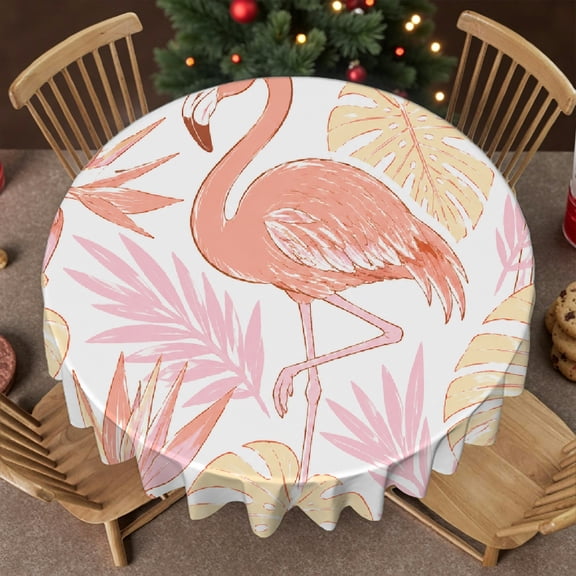 RKSupls 60 Inch Round Tablecloth - Flamingo Tropical Pink Print, Holiday-Themed Design Festive Round Table Setting Polyester Round Table Cover, Wedding, Party, Holiday, Home Dining